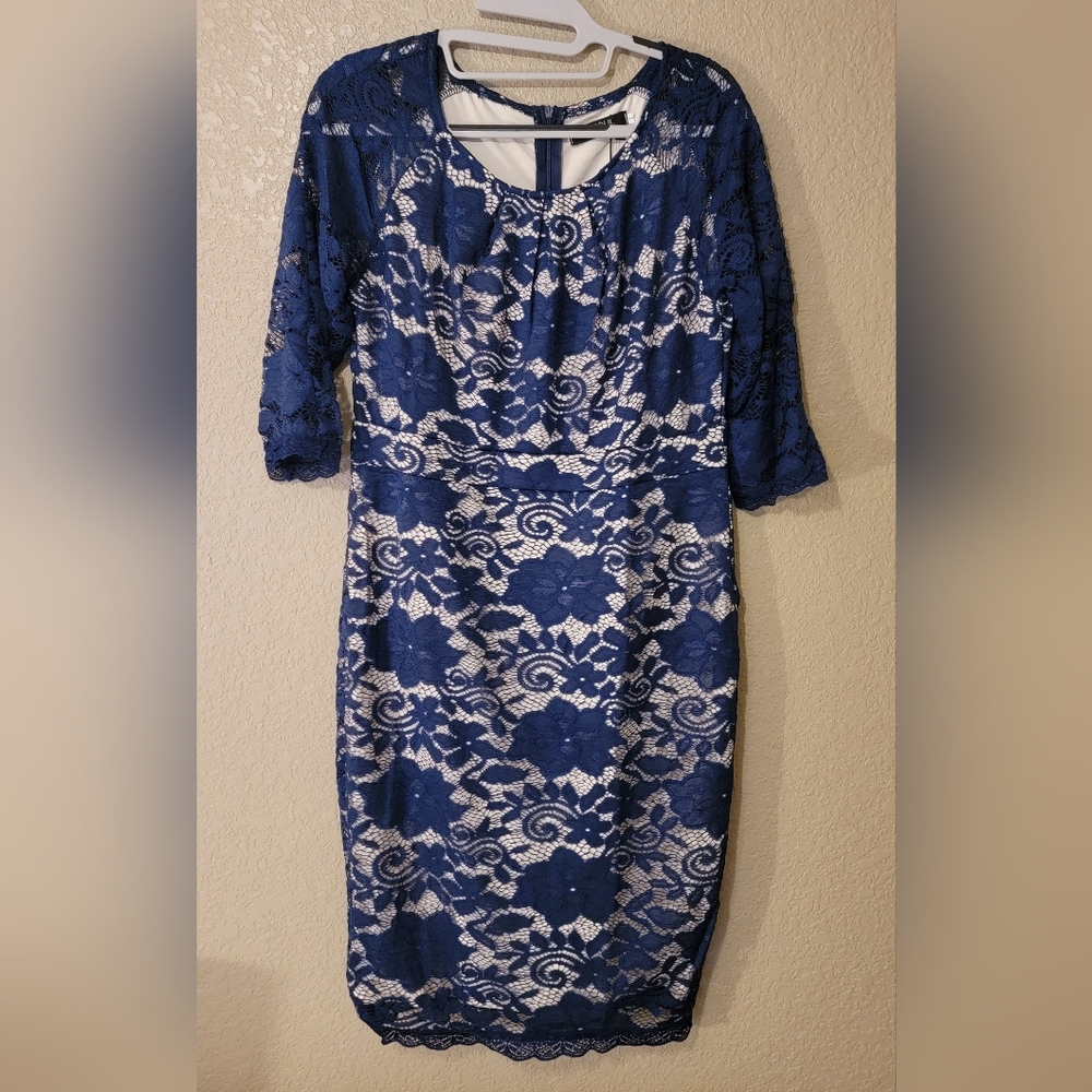 Fisoul Lined Lace Navy 3/4  Sleeveless round Neck Dress NEW